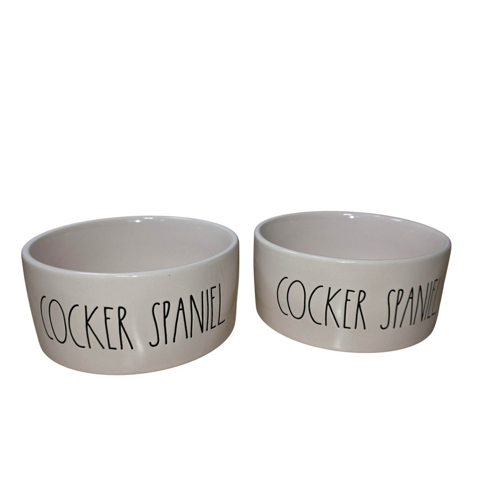 Rae Dunn Cocker Spaniel Pet Dog Bowls‎ Set Of 2 Stoneware White Dishwasher Safe